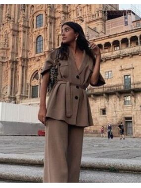 Women's Camel Brown Belted Blazer/ cardigan